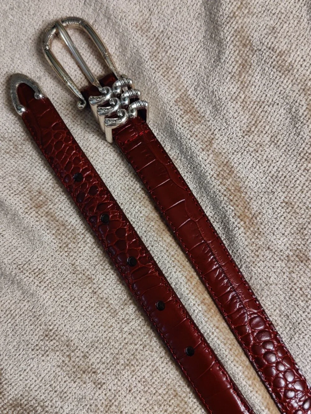 Brighton Dark Red Croc-Embossed Leather Belt with Silver Tone Buckle, Size M